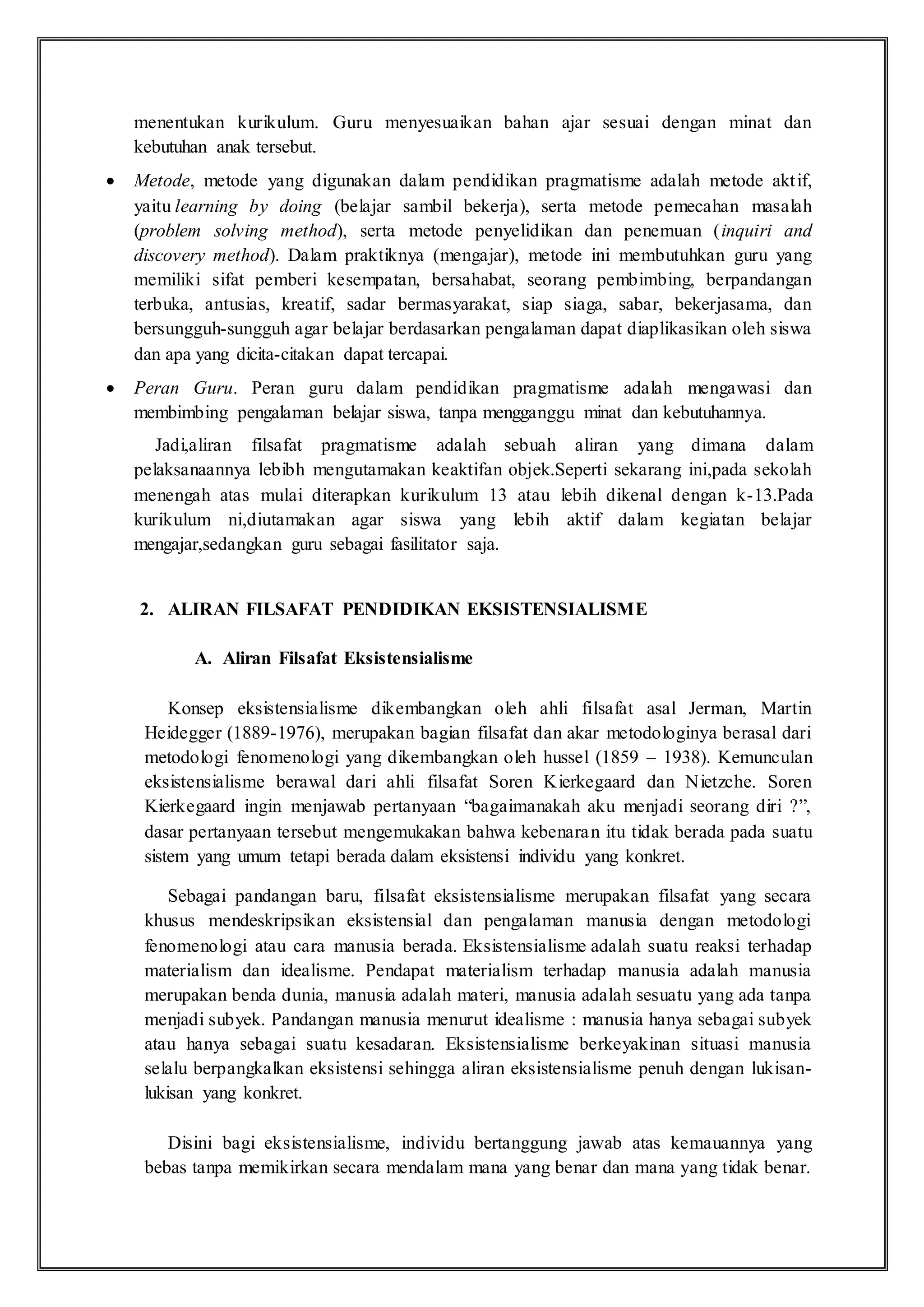 Aliran filsafat pendidikan (pragmatisme, eksistensialisme ...