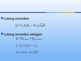 gH
H
H
b
C
Q d 2
)
( 1
2 

 Lubang terendam
 Lubang terendam sebagian
)
(
2
)
(
1 terendam
bebas Q
Q
Q 






 
 2
3
1
2
3
2
1 2
3
2
H
H
g
b
C
Q d
gH
H
H
b
C
Q d 2
)
( 1
2
2 

 