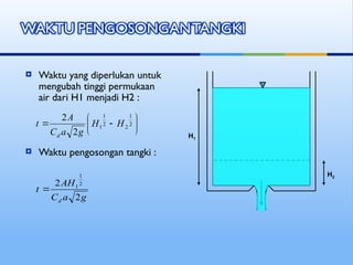  Waktu yang diperlukan untuk
mengubah tinggi permukaan
air dari H1 menjadi H2 :
 Waktu pengosongan tangki :
H1
H2







 2
1
2
2
1
1
2
2
H
H
g
a
C
A
t
d
g
a
C
AH
t
d 2
2 2
1
1

 