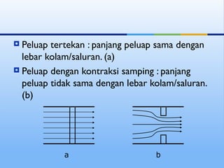  Peluap tertekan : panjang peluap sama dengan
lebar kolam/saluran. (a)
 Peluap dengan kontraksi samping : panjang
peluap tidak sama dengan lebar kolam/saluran.
(b)
a b
 