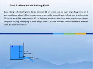 Suatu lubang berbentuk lingkaran dengan diameter 2,5 cm berada pada sisi tegak tangki.Tinggi muka air di
atas pusat lubang adalah 1,00 m. Lintasan pancaran air melalui suatu titik yang terletak pada jarak horisontal
35 cm dan vertikal ke bawah sebesar 3,5 cm dari pusat vena kontrakta. Debit aliran yang diperoleh dengan
mengukur air yang tertampung di dalam tangki adalah 1,35 l/det. Tentukan koefisien kecepatan, koefisien
debit, dan koefisien kontraksi.
100 C
C
35
3,5
Soal 1: Aliran Melalui Lubang Kecil
 