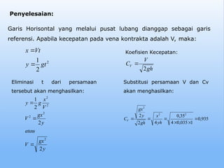 Garis Horisontal yang melalui pusat lubang dianggap sebagai garis
referensi. Apabila kecepatan pada vena kontrakta adalah V, maka:
Penyelesaian:
y
gx
V
atau
y
gx
V
V
x
g
y
2
2
2
1
2
2
2
2
2



2
2
1
gt
y
Vt
x


gh
V
CV
2

935
,
0
1
035
,
0
4
35
,
0
4
2
2 2
2
2






yh
x
gh
y
gx
CV
Eliminasi t dari persamaan
tersebut akan menghasilkan:
Koefisien Kecepatan:
Substitusi persamaan V dan Cv
akan menghasilkan:
 