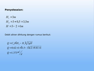 Penyelesaian:
 
 
d
m
Q
Q
gH
H
H
b
C
Q d
3
1
2
373
.
1
1
81
.
9
2
3
5
.
3
1
62
.
0
2









m
H
m
H
m
H
1
2
3
5
,
3
5
,
0
3
3
2
1







Debit aliran dihitung dengan rumus berikut:
 