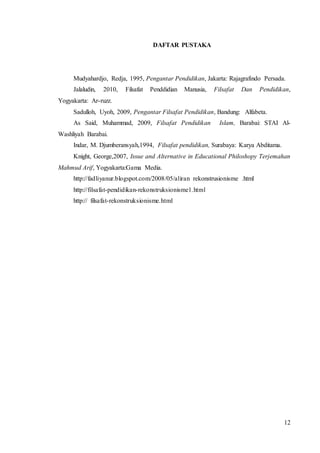 12 
DAFTAR PUSTAKA 
Mudyahardjo, Redja, 1995, Pengantar Pendidikan, Jakarta: Rajagrafindo Persada. 
Jalaludin, 2010, Filsafat Penddidian Manusia, Filsafat Dan Pendidikan, 
Yogyakarta: Ar-ruzz. 
Sadulloh, Uyoh, 2009, Pengantar Filsafat Pendidikan, Bandung: Alfabeta. 
As Said, Muhammad, 2009, Filsafat Pendidikan Islam, Barabai: STAI Al- 
Washliyah Barabai. 
Indar, M. Djumberansyah,1994, Filsafat pendidikan, Surabaya: Karya Abditama. 
Knight, George,2007, Issue and Alternative in Educational Philoshopy Terjemahan 
Mahmud Arif, Yogyakarta:Gama Media. 
http://fadliyanur.blogspot.com/2008/05/aliran rekonstrusionisme .html 
http://filsafat-pendidikan-rekonstruksionisme1.html 
http:// filsafat-rekonstruksionisme.html 
 