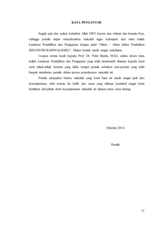 13 
KATA PENGANTAR 
Segala puji dan syukur kehadirat Allah SWT karena atas rahmat dan karunia-Nya, 
sehingga penulis dapat menyelesaikan makalah tugas kelompok dari mata kuliah 
Landasan Pendidikan dan Pengajaran dengan judul “Aliran – Aliran dalam Pendidikan 
(RECONTRUKSIONALISME)”. Dalam bentuk masih sangat sederhana. 
Ucapan terima kasih kepada Prof. Dr. Patta Bundu, M.Ed. selaku dosen mata 
kuliah Landasan Pendidikan dan Pengajaran yang telah mentransfer ilmunya kepada kami 
serta pihak-pihak tertentu yang tidak sempat penulis sebutkan satu-persatu yang telah 
banyak membantu penulis dalam proses penyelesaian makalah ini. 
Penulis menyadari bahwa makalah yang kami buat ini masih sangat jauh dari 
kesempurnaan, oleh karena itu kritik dan saran yang sifatnya kontuktif sangat kami 
butuhkan dari pihak demi kesempurnaan makalah ini dimasa-masa akan datang. 
Oktober 2014 
Penulis 
 