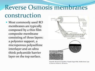 Reverse Osmosis membranes
construction
 Most commonly used RO
membranes are typically
composed by a thin film
composite membrane
consisting of three layers:
a polyester support, a
microporous polysulfone
interlayer and an ultra
think polyamide barrier
layer on the top surface.
 