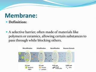 Membrane:
 Definition:
 A selective barrier, often made of materials like
polymers or ceramics, allowing certain substances to
pass through while blocking others.
 