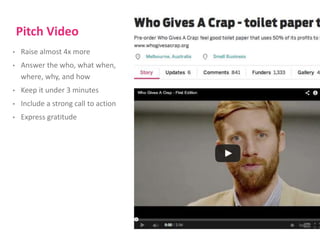 Pitch Video 
• Raise almost 4x more 
• Answer the who, what when, 
where, why, and how 
• Keep it under 3 minutes 
• Include a strong call to action 
• Express gratitude 
 