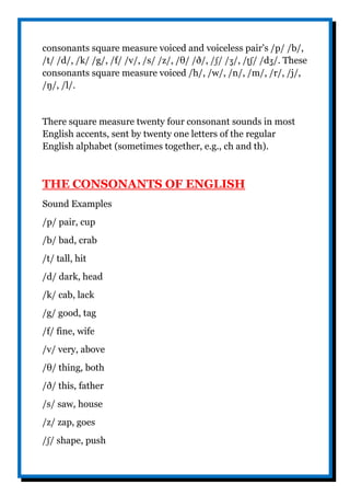 consonants square measure voiced and voiceless pair’s /p/ /b/,
/t/ /d/, /k/ /g/, /f/ /v/, /s/ /z/, /θ/ /ð/, /ʃ/ /ʒ/, /ʈʃ/ /dʒ/. These
consonants square measure voiced /h/, /w/, /n/, /m/, /r/, /j/,
/ŋ/, /l/.
There square measure twenty four consonant sounds in most
English accents, sent by twenty one letters of the regular
English alphabet (sometimes together, e.g., ch and th).
THE CONSONANTS OF ENGLISH
Sound Examples
/p/ pair, cup
/b/ bad, crab
/t/ tall, hit
/d/ dark, head
/k/ cab, lack
/g/ good, tag
/f/ fine, wife
/v/ very, above
/θ/ thing, both
/ð/ this, father
/s/ saw, house
/z/ zap, goes
/ʃ/ shape, push
 