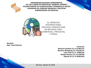 Barinas, agosto de 2023
UNIVERSIDAD NACIONAL EXPERIMENTAL
DE LOS LLANOS OCCIDENTALES "EZEQUIEL ZAMORA"
VICERECTORADO DE PLANIFICACIÓN Y DESARROLLO SOCIAL
PROGRAMA DE CIENCIAS JURIDICAS Y POLITICAS
SUBPROGRAMA DE DERECHO
EL DERECHO
INTERNACIONAL
PRIVADO V E NE ZO L ANO
EN MATERIA CIVIL,
COMERCIAL, PROCESAL
Y PENAL
Docente:
Abg. Tania Ramírez
Alumnos:
Belisario Analbys C.I. V-13.482.727
Montero Wolfgang C.I. V-8.146.177
León José C.I. V- 9.985.676
Rangel Dayana C.I. V-11.192.410
Salazar Ali C.I. V-18.052.619
 