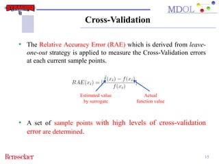 Cross-Validation 
• The Relative Accuracy Error (RAE) which is derived from leave-one- 
out strategy is applied to measure the Cross-Validation errors 
15 
at each current sample points. 
• A set of sample points with high levels of cross-validation 
error are determined. 
Actual 
function value 
Estimated value 
by surrogate 
 