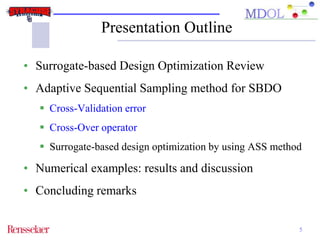 Presentation Outline 
• Surrogate-based Design Optimization Review 
• Adaptive Sequential Sampling method for SBDO 
 Cross-Validation error 
 Cross-Over operator 
 Surrogate-based design optimization by using ASS method 
• Numerical examples: results and discussion 
• Concluding remarks 
5 
 
