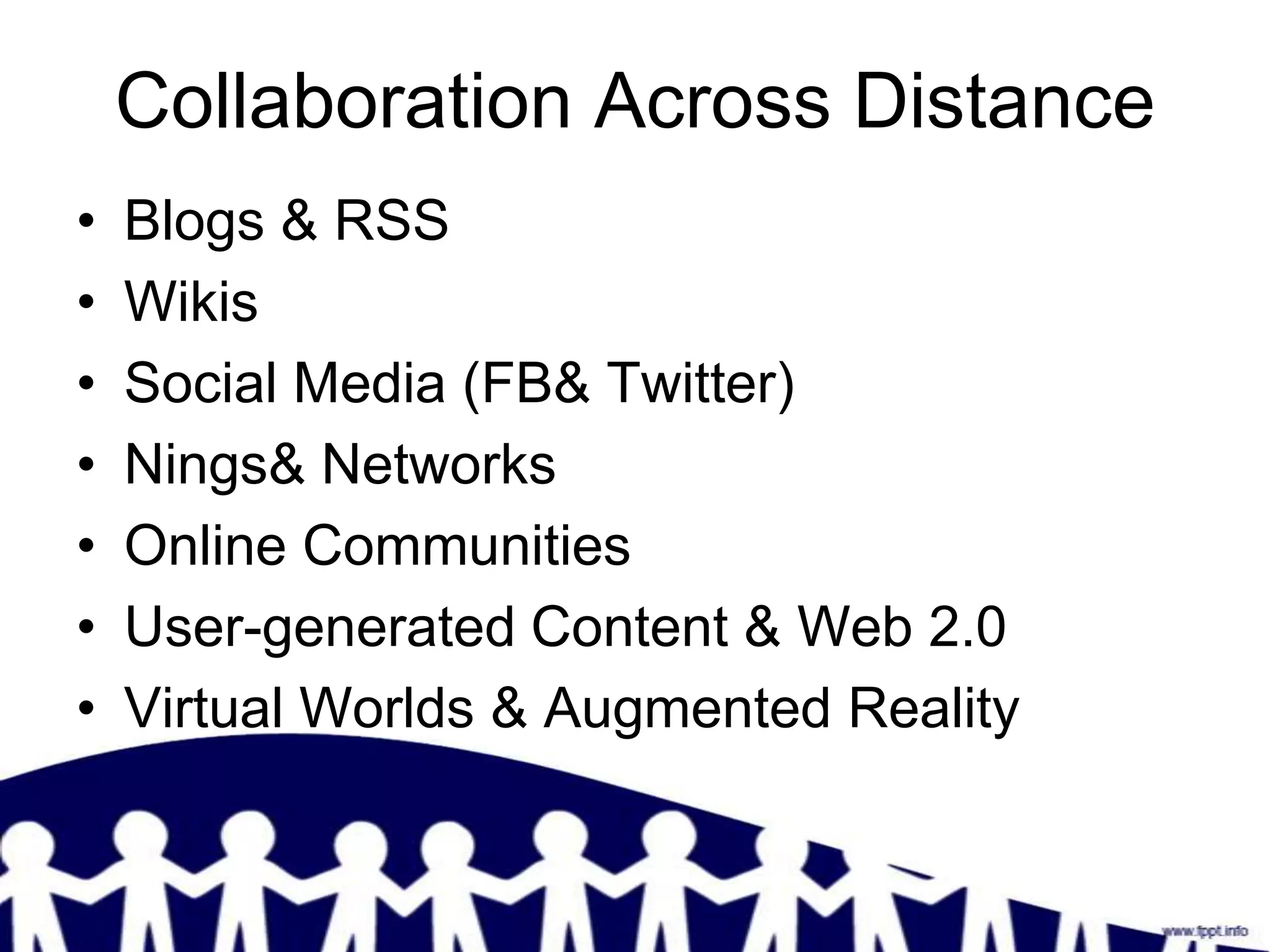 Collaboration Across Distance
•   Blogs & RSS
•   Wikis
•   Social Media (FB& Twitter)
•   Nings& Networks
•   Online Communities
•   User-generated Content & Web 2.0
•   Virtual Worlds & Augmented Reality
 