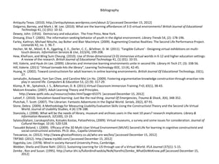 Bibliography


Antiquity Texas. (2010). http://antiquitytexas.wordpress.com/about-2/ [accessed December 15, 2012]
Dalgarno, Barney, and Mark J. W. Lee. (2010). What are the learning affordances of 3-D virtual environments? British Journal of Educational
       Technology 41, (1) (01): 10-32.
Dewey, John. (1916). Democracy and education. The Free Press, New York.
Dresang, Eliza T. (2005). The information-seeking behavior of youth in the digital environment. Library Trends 54, (2): 178-196.
Farley, Kathryn, Michael Nitsche, Jay Bolter and Blair MacIntyre. (2009). Augmenting Creative Realities: The Second Life Performance Project.
       Leonardo 42, no. 1: 96-7.
Hecher, M. M., Möstl, R. R., Eggeling, E. E., Derler, C. C., &Fellner, D. W. (2011). 'Tangible Culture' - Designing virtual exhibitions on multi-
       touch devices. Information Services & Use, 31(3/4), 199-208.
Hew, KheFoon, and Wing Sum Cheung. (2010). Use of three-dimensional (3-D) immersive virtual worlds in K-12 and higher education settings:
       A review of the research. British Journal of Educational Technology 41, (1) (01): 33-55.
Hill, Valerie, and Hyuk-Jin Lee. (2009). Libraries and immersive learning environments unite in second life. Library Hi Tech 27, (3): 338-56.
Hill, Valerie. (2011) “Virtual tornado hits the library”, Learning Technology IEEE, 13 (4), 42-45.
Huang, H. (2002). Toward constructivism for adult learners in online learning environments. British Journal Of Educational Technology, 33(1),
       27.
Jamaludin, Azilawati, Yam San Chee, and Caroline Mei Lin Ho. (2009). Fostering argumentative knowledge construction through enactive role
       play in second life. Computers & Education 53, (2) (9): 317-29.
Klomp, R. W., Spitalnick, J. S., &Reissman, D. B. (2011).Virtual Classroom Immersion Training.T+D, 65(1), 38-43.
Malcom Knowles. (2007). Adult Learning Theory and Principles.
      http://www.qotfc.edu.au/resource/index.html?page=65375 [accessed December 15, 2012]
Lateef, F. (2010). Simulation-based learning: Just like the real thing. Journal Of Emergencies, Trauma & Shock, 3(4), 348-352.
Plutchak, T. Scott. (2007). The Librarian: Fantastic Adventures in the Digital World. Serials, 20(2), 87-91.
Slone, Debra. (2009). A Methodology for Measuring Usability Evaluation Skills Using the Constructivist Theory and the Second Life Virtual
       World. Journal of Usability Studies, 4 (4) 178-188.
Stanziola, J. (2008). What will be the needs of library, museum and archives users in the next 10 years? research implications. Library &
       Information Research, 32(100), 13-19.
SylaiouStyliani, LiarokapisFotis, Kotsakis Kostas, PatiasPetros, (2009). Virtual museums, a survey and some issues for consideration. Journal of
       Cultural Heritage, 10 (4): 520-528.
Taouabit Boland, I. (2009). Efficacy of the 3D Multi-User Virtual Environment (MUVE) Second Life for learning in cognitive constructivist and
       social constructivist activities. Ph.D. diss., Capella University.
Teeuwisse, Jo. (2012). http://www.ghostsofhistory.co.uk/who-are-we/bio/ [accessed December 15, 2012]
TRP360. (2012). http://www.trp360.com/ [accessed December 15, 2012]
Vygotsky, Lev. (1978). Mind in society Harvard University Press, Cambridge.
Webber, Sheila and Diane Nahl. (2011). Sustaining Learning for LIS through use of a Virtual World. IFLA Journal (37)(1): 5-15.
Zemke , Ron and Susan. (1995). http://setur.khi.is/fullordinsfraedsla/NoN/Itarefni/Zemke_WhatDoWeKnow.pdf [accessed December 15,
       2012]
 