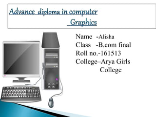 Name -Alisha
Class -B.com final
Roll no.-161513
College–Arya Girls
College
 