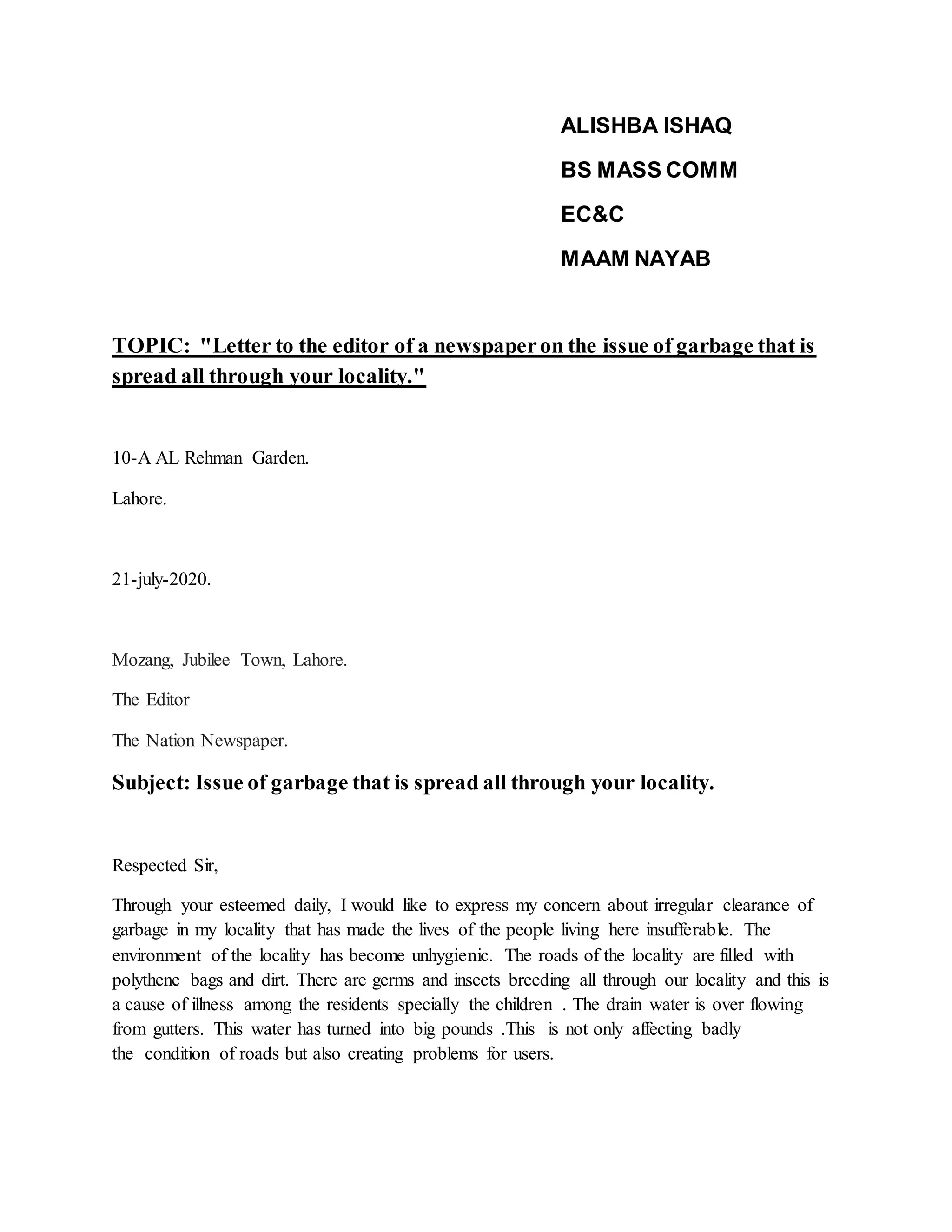 Letter to the editor for garbage issue | DOCX