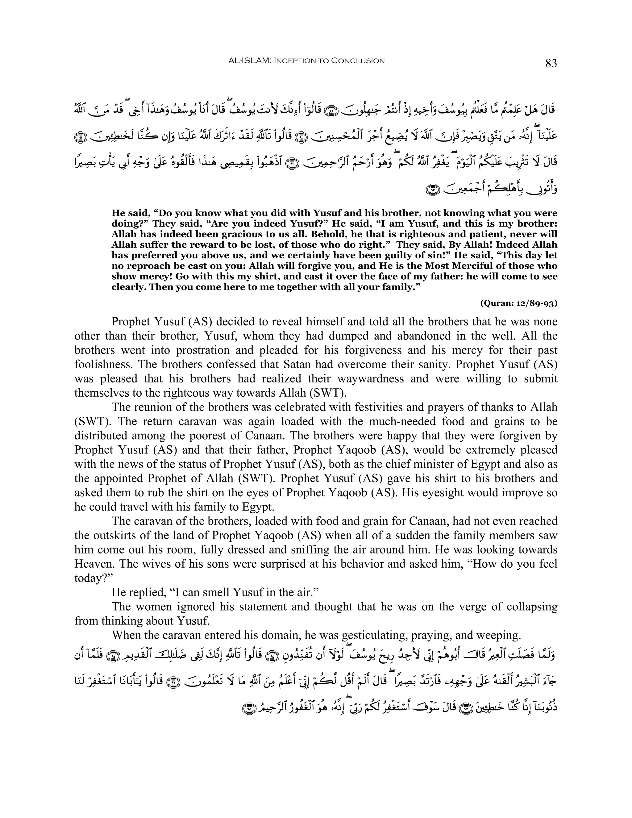 AL-ISLAM: Inception to Conclusion                                                                                           83


ª!$#  ∅Β ô‰% ( ©År& !#x‹≈yδρ ß#ß™θãƒ O$tΡr& tΑ$s% ( ß#ß™θãƒ |MΡV{ y7¯ΡÏ™r& (#þθä9$s% ∩∇®∪ šχθè=Îγ≈y_ óΟçFΡr& øŒÎ) Ïμ‹Åzr&uρ y#ß™θã‹Î/ Λä⎢ù=yèsù $¨Β Λä⎢ôϑÎ=tæ ö≅yδ tΑ$s%
       t s                  u

∩®⊇∪ š⎥⎫Ï↔ÏÜ≈y‚s9 $¨Ζà2 βÎ)uρ $uΖøŠn=tã ª!$# x8trO#u™ ô‰s)s9 «!$$s? (#θä9$s% ∩®⊃∪ š⎥⎫ÏΖÅ¡ósßϑø9$# tô_r& ßì‹ÅÒãƒ Ÿω ©!$#  χÎ*sù ÷É9óÁtƒuρ È,−Gtƒ ⎯tΒ …çμ¯ΡÎ) ( !$uΖøŠn=tã

#ZÅÁt/ ÏNù'tƒ ’Î1& Ïμô_ρ 4’n?ã çνθà)ø9r'sù #x‹≈yδ ©ÅÂ‹Ïϑs)Î/ (#θç7yδøŒ$# ∩®⊄∪ š⎥⎫ÏϑÏm≡§9$# ãΝmö‘r& uθèδuρ ( öΝä3s9 ª!$# ãÏøótƒ ( tΠöθu‹ø9$# ãΝä3ø‹n=tæ |=ƒÎøYs? Ÿω tΑ$s%
                   r     u     t                                                                y

                                                                                                                                       ∩®⊂∪ š⎥⎫Ïèyϑô_r& öΝà6Î=÷δr'Î/ †ÎΤθè?ù&uρ

              He said, “Do you know what you did with Yusuf and his brother, not knowing what you were
              doing?” They said, “Are you indeed Yusuf?” He said, “I am Yusuf, and this is my brother:
              Allah has indeed been gracious to us all. Behold, he that is righteous and patient, never will
              Allah suffer the reward to be lost, of those who do right.” They said, By Allah! Indeed Allah
              has preferred you above us, and we certainly have been guilty of sin!” He said, “This day let
              no reproach be cast on you: Allah will forgive you, and He is the Most Merciful of those who
              show mercy! Go with this my shirt, and cast it over the face of my father: he will come to see
              clearly. Then you come here to me together with all your family.”
                                                                                                                                                            (Quran: 12/89-93)

        Prophet Yusuf (AS) decided to reveal himself and told all the brothers that he was none
other than their brother, Yusuf, whom they had dumped and abandoned in the well. All the
brothers went into prostration and pleaded for his forgiveness and his mercy for their past
foolishness. The brothers confessed that Satan had overcome their sanity. Prophet Yusuf (AS)
was pleased that his brothers had realized their waywardness and were willing to submit
themselves to the righteous way towards Allah (SWT).
        The reunion of the brothers was celebrated with festivities and prayers of thanks to Allah
(SWT). The return caravan was again loaded with the much-needed food and grains to be
distributed among the poorest of Canaan. The brothers were happy that they were forgiven by
Prophet Yusuf (AS) and that their father, Prophet Yaqoob (AS), would be extremely pleased
with the news of the status of Prophet Yusuf (AS), both as the chief minister of Egypt and also as
the appointed Prophet of Allah (SWT). Prophet Yusuf (AS) gave his shirt to his brothers and
asked them to rub the shirt on the eyes of Prophet Yaqoob (AS). His eyesight would improve so
he could travel with his family to Egypt.
        The caravan of the brothers, loaded with food and grain for Canaan, had not even reached
the outskirts of the land of Prophet Yaqoob (AS) when all of a sudden the family members saw
him come out his room, fully dressed and sniffing the air around him. He was looking towards
Heaven. The wives of his sons were surprised at his behavior and asked him, “How do you feel
today?”
        He replied, “I can smell Yusuf in the air.”
        The women ignored his statement and thought that he was on the verge of collapsing
from thinking about Yusuf.
        When the caravan entered his domain, he was gesticulating, praying, and weeping.
βr& !$£ϑn=sù ∩®∈∪ ÉΟƒÏ‰s)ø9$# šÎ=≈n=|Ê ’Å∀s9 y7¨ΡÎ) «!$$s? (#θä9$s% ∩®⊆∪ Èβρß‰ÏiΖxè? βr& Iωöθs9 ( y#ß™θãƒ yxƒÍ‘ ß‰Å_V{ ’ÎoΤÎ) öΝèδθç/r& š^$s% çÏèø9$# ÏMn=|Ásù $£ϑs9uρ

$uΖs9 öÏøótGó™$# $tΡ$t/r'¯≈tƒ (#θä9$s% ∩®∉∪ šχθßϑn=÷ès? Ÿω $tΒ «!$# z⎯ÏΒ ãΝn=÷ær& þ’ÎoΤÎ) öΝà6©9 ≅è%r& öΝs9r& tΑ$s% ( #ZÅÁt/ £‰s?ö‘$$sù ⎯ÏμÎγô_uρ 4’n?tã çμ9s)ø9r& çÏ±t6ø9$# u™!%y`

                                                                ∩®∇∪ ÞΟŠÏm§9$# â‘θàtóø9$# uθèδ …çμ¯ΡÎ) ( þ’În1u‘ öΝä3s9 ãÏøótGó™r& š’ôθy™ tΑ$s% ∩®∠∪ t⎦⎫Ï↔ÏÜ≈yz $¨Ζä. $¯ΡÎ) !$uΖt/θçΡèŒ
 
