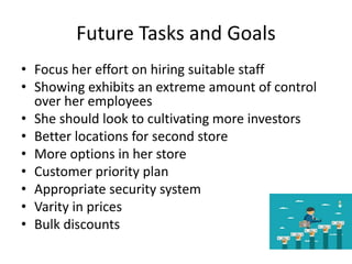 Future Tasks and Goals
• Focus her effort on hiring suitable staff
• Showing exhibits an extreme amount of control
over her employees
• She should look to cultivating more investors
• Better locations for second store
• More options in her store
• Customer priority plan
• Appropriate security system
• Varity in prices
• Bulk discounts
 