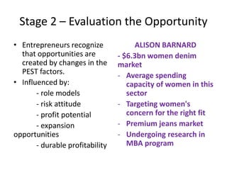 Stage 2 – Evaluation the Opportunity
• Entrepreneurs recognize
that opportunities are
created by changes in the
PEST factors.
• Influenced by:
- role models
- risk attitude
- profit potential
- expansion
opportunities
- durable profitability
ALISON BARNARD
- $6.3bn women denim
market
- Average spending
capacity of women in this
sector
- Targeting women's
concern for the right fit
- Premium jeans market
- Undergoing research in
MBA program
 
