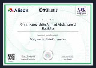 Omar Kamaleldin Ahmed Abdelhamid
Battisha
Safety and Health in Construction
117-10905514
20th January 2018
 