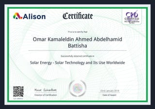 Omar Kamaleldin Ahmed Abdelhamid
Battisha
Solar Energy - Solar Technology and Its Use Worldwide
1225-10905514
22nd January 2018
 