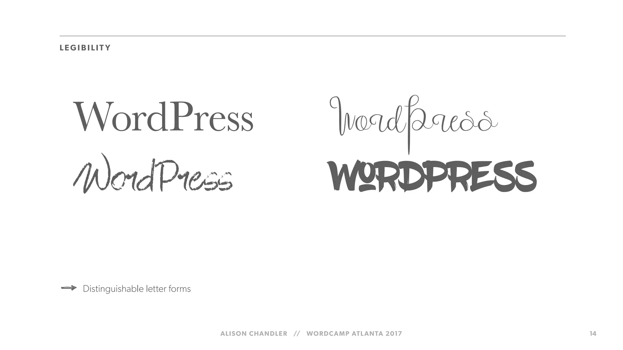 ALISON CHANDLER // WORDCAMP ATLANTA 2017 14
Distinguishable letter forms
LEG I B I LIT Y
WordPress
WordPress
WordPress
WordPress
 