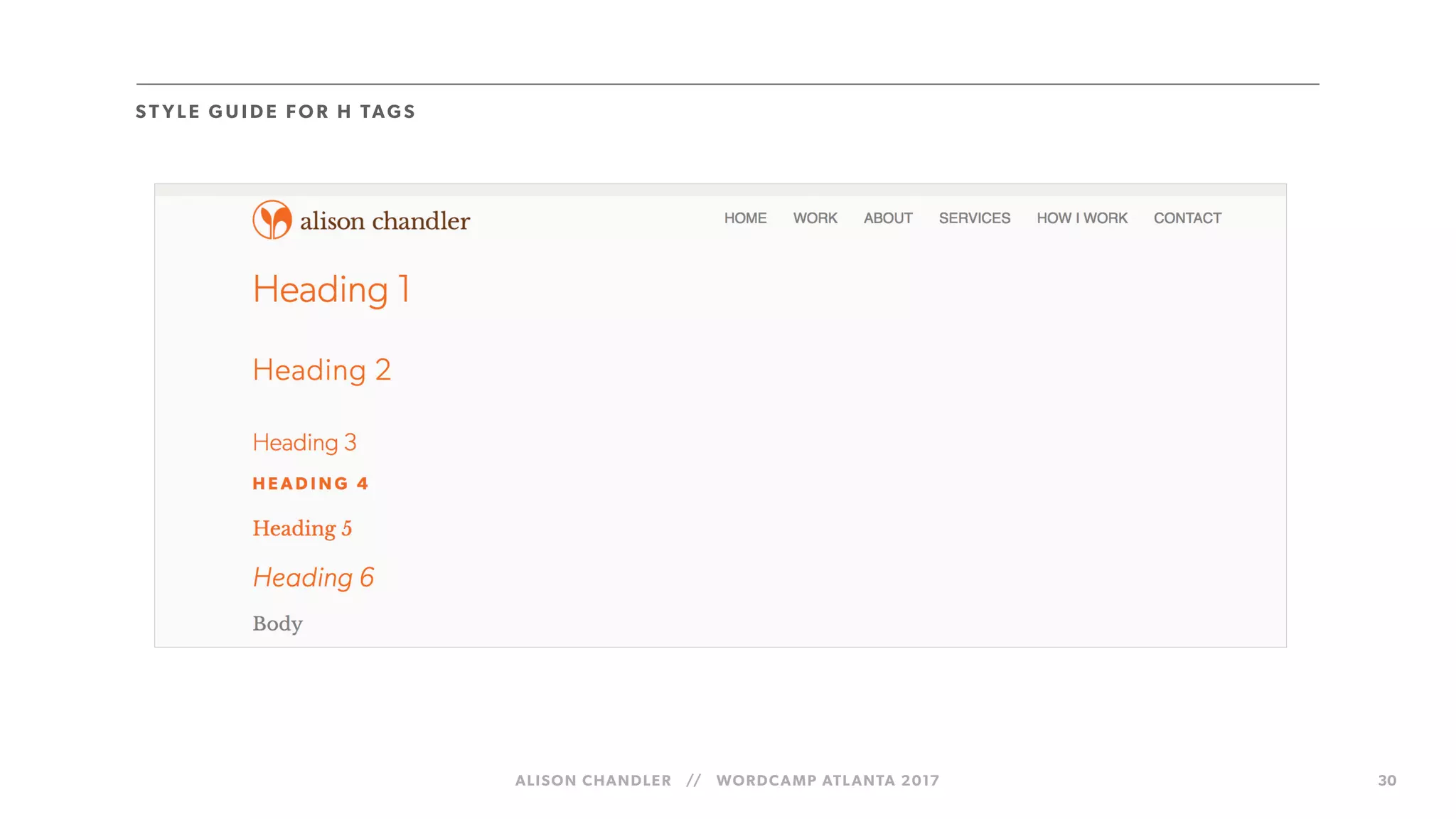 ALISON CHANDLER // WORDCAMP ATLANTA 2017 30
S T YLE GU I DE FO R H TAGS
 