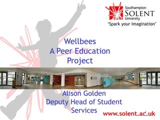 ‘Spark your imagination’
1
Wellbees
A Peer Education
Project
Alison Golden
Deputy Head of Student
Services
 