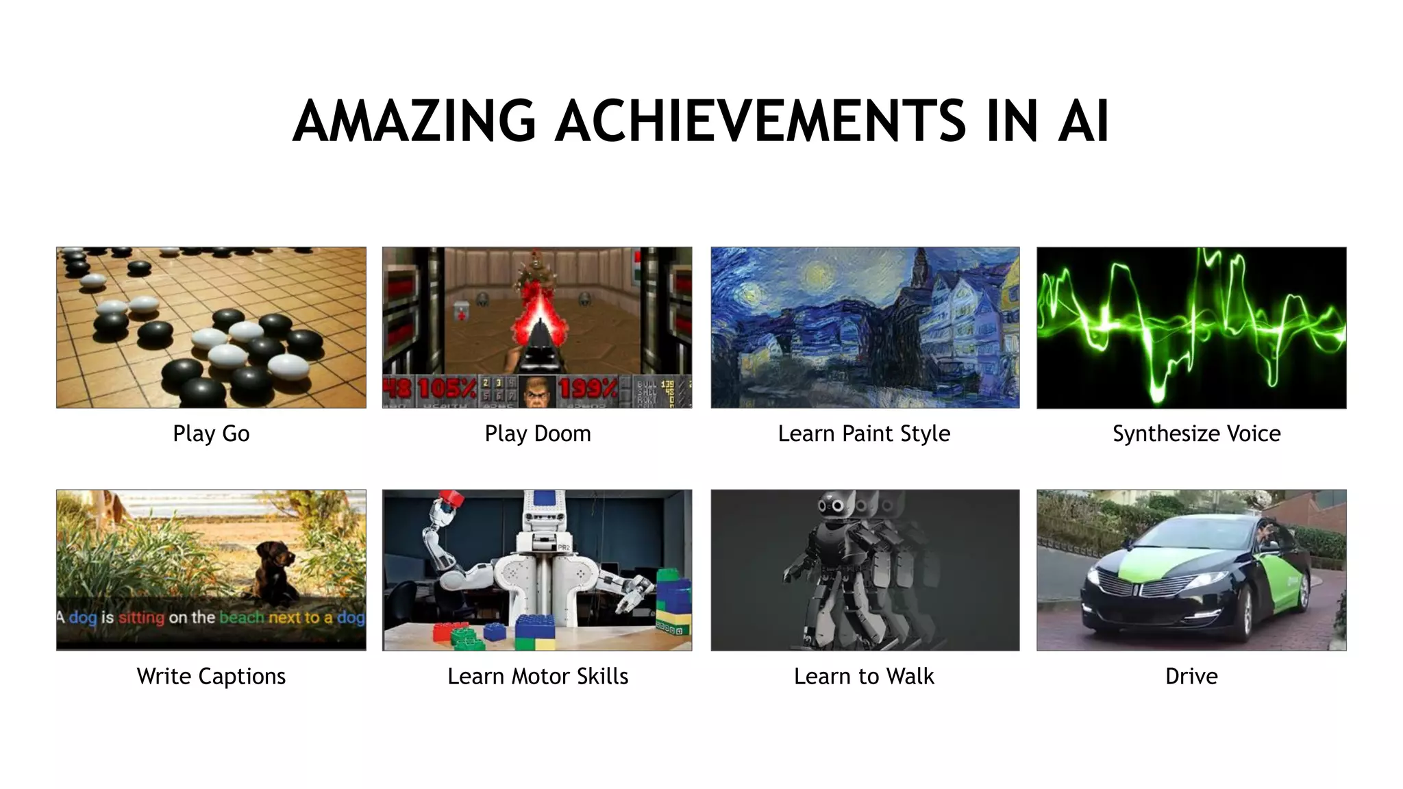 AMAZING ACHIEVEMENTS IN AI
Play Go Play Doom Learn Paint Style Synthesize Voice
Write Captions Learn Motor Skills Learn to Walk Drive
 