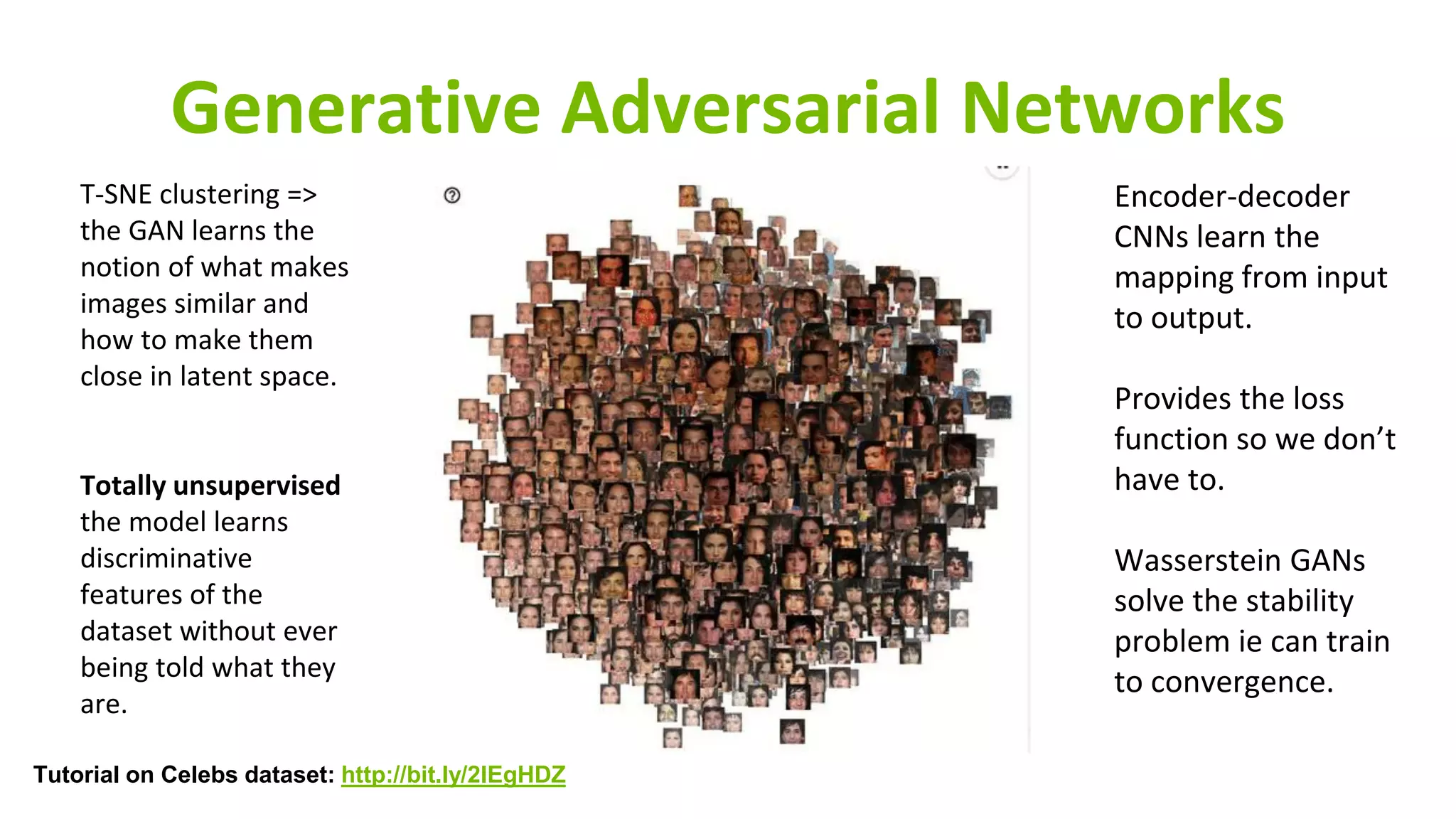 25
Generative Adversarial Networks
Tutorial on Celebs dataset: http://bit.ly/2lEgHDZ
Encoder-decoder
CNNs learn the
mapping from input
to output.
Provides the loss
function so we don’t
have to.
Wasserstein GANs
solve the stability
problem ie can train
to convergence.
T-SNE clustering =>
the GAN learns the
notion of what makes
images similar and
how to make them
close in latent space.
Totally unsupervised
the model learns
discriminative
features of the
dataset without ever
being told what they
are.
 