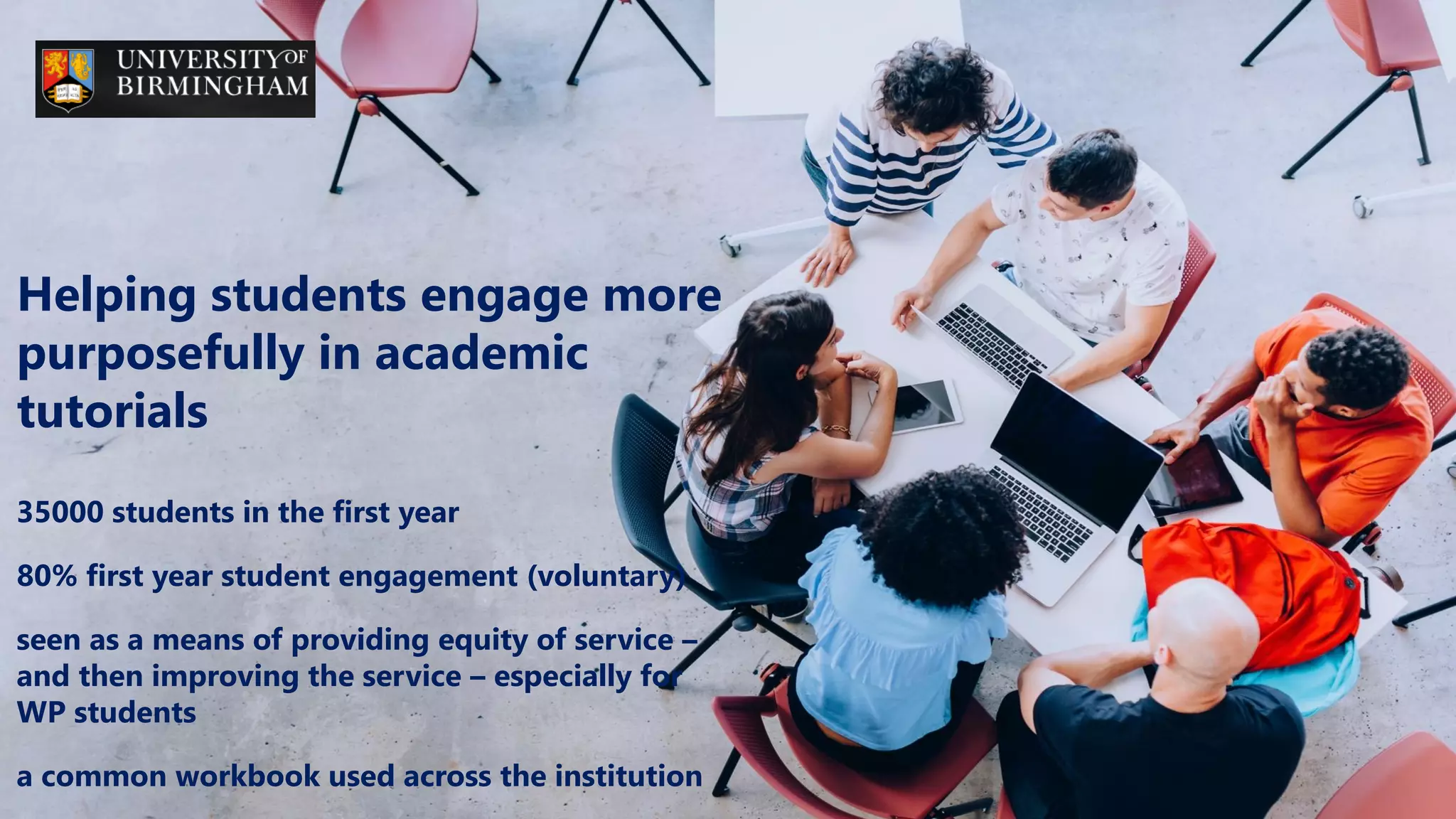 Photo by Pablo García Saldaña on Unsplash
Vision:
To change the way learning is designed, experienced and assessed
Mission:
To inspire learning through beautifully crafted software, designed to
help learners plan for, make sense of, and share stories of their unique
talents and attributes
Helping students engage more
purposefully in academic
tutorials
35000 students in the first year
80% first year student engagement (voluntary)
seen as a means of providing equity of service –
and then improving the service – especially for
WP students
a common workbook used across the institution