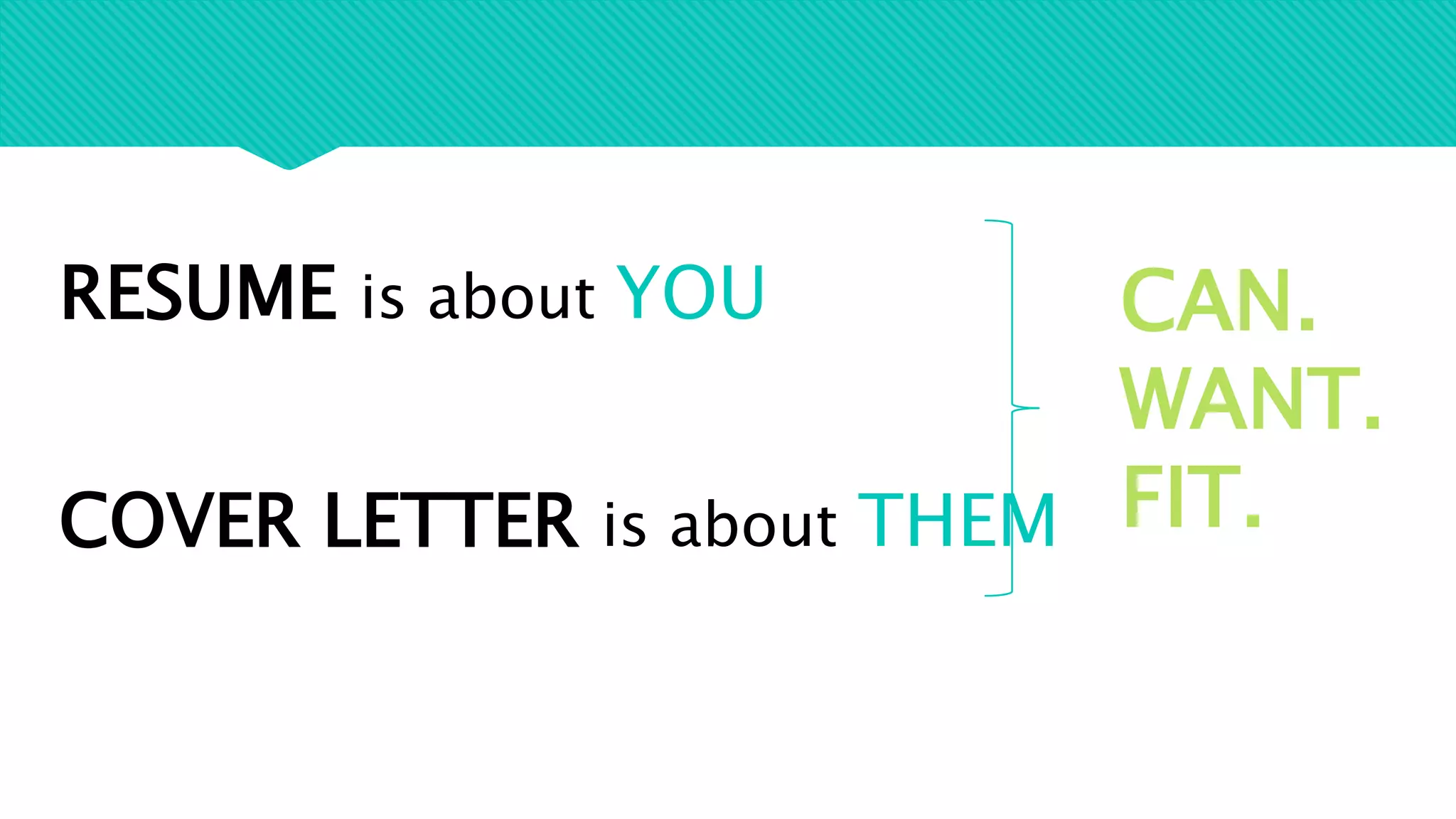 RESUME is about YOU
COVER LETTER is about THEM
CAN.
WANT.
FIT.
 
