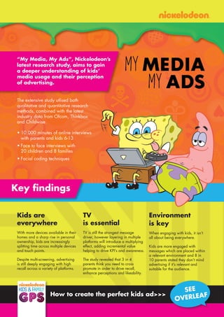 Key findings
How to create the perfect kids ad>>>
SEE
OVERLEAF
“My Media, My Ads”, Nickelodeon’s
latest research study, aims to gain
a deeper understanding of kids’
media usage and their perception
of advertising.
The extensive study utlised both
qualitative and quantitative research
methods, combined with the latest
industry data from Ofcom, Thinkbox
and Childwise.
•	10,000 minutes of online interviews
with parents and kids 6-13
•	Face to face interviews with
20 children and 8 families
•	Facial coding techniques
Kids are
everywhere
With more devices available in their
homes and a sharp rise in personal
ownership, kids are increasingly
splitting time across multiple devices
and touch points.
Despite multi-screening, advertising
is still deeply engaging with high
recall across a variety of platforms.
TV
is essential
TV is still the strongest message
driver, however layering in multiple
platforms will introduce a multiplying
effect, adding incremental value
helping to drive KPI’s and awareness.
The study revealed that 3 in 4
parents think you need to cross
promote in order to drive recall,
enhance perceptions and likeability.
Environment
is key
When engaging with kids, it isn’t
all about being everywhere.
Kids are more engaged with
messages which are placed within
a relevant environment and 8 in
10 parents stated they don’t mind
advertising if it’s relevant and
suitable for the audience.
 