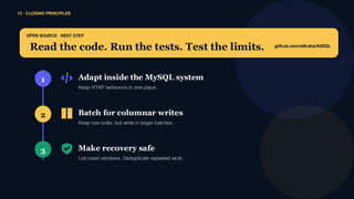 13 · CLOSING PRINCIPLES
1 Adapt inside the MySQL system
2 Batch for columnar writes
3 Make recovery safe
OPEN SOURCE · NEXT STEP
Read the code. Run the tests. Test the limits. github.com/alibaba/AliSQL
 