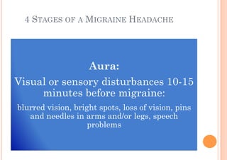 4 STAGES OF A MIGRAINE HEADACHE




               Aura:
Visual or sensory disturbances 10-15
     minutes before migraine:
blurred vision, bright spots, loss of vision, pins
   and needles in arms and/or legs, speech
                    problems
 