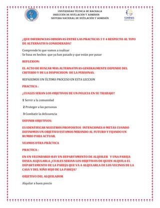 UNIVERSIDAD TÉCNICA DE MACHALA
DIRECCIÓN DE NIVELACIÓN Y ADMISIÓN
SISTEMA NACIONAL DE NIVELACIÓN Y ADMISIÓN

¿QUE DIFERENCIAS OBSERVAS ENTRE LAS PRACTICAS 3 Y 4 RESPECTO AL TIPO
DE ALTERNATIVA CONSIDERADA?
Comprende lo que vamos a realizar
Se basa en hechos que ya han pasado y que están por pasar
REFLEXION:
EL ACTO DE BUSCAR MAS ALTERNATIVAS GENERALMENTE DEPENDE DEL
CRITERIO Y DE LA DISPOCISION DE LA PERSONAS.
REPASEMOS UN ÚLTIMO PROCESO EN ESTA LECCION
PRACTICA :
¿CUALES SERAN LOS OBJETIVOS DE UN POLICIA EN SU TRABAJO?
1 Servir a la comunidad
2 Proteger a las personas
3 Combatir la delicuencia
DEFINIR OBJETIVOS:
ES IDENTIFICAR NUESTROS PROPOSITOS INTENCIONES O METAS CUANDO
DEFINIMOS UN OBJETIVO ESTAMOS MIRANDO AL FUTURO Y FIJANDO UN
RUMBO PARA ACTUAR.
VEAMOS OTRA PRÁCTICA
PRACTICA :
EN UN VECINDARIO HAY UN DEPARTAMENTO DE ALQUILER Y UNA PAREJA
DESEA ALQULARLA ¿CUALES SERIAN LOS OBJETIVOS DE QUIEN ALQUILA EL
DEPARTAMENTO DE LA PAREJA QUE VA A ALQULARLA DE LOS VECINOS DE LA
CASA Y DEL NIÑO HIJO DE LA PAREJA?
OBJETIVO DEL ALQUILADOR
Alquilar a buen precio

 