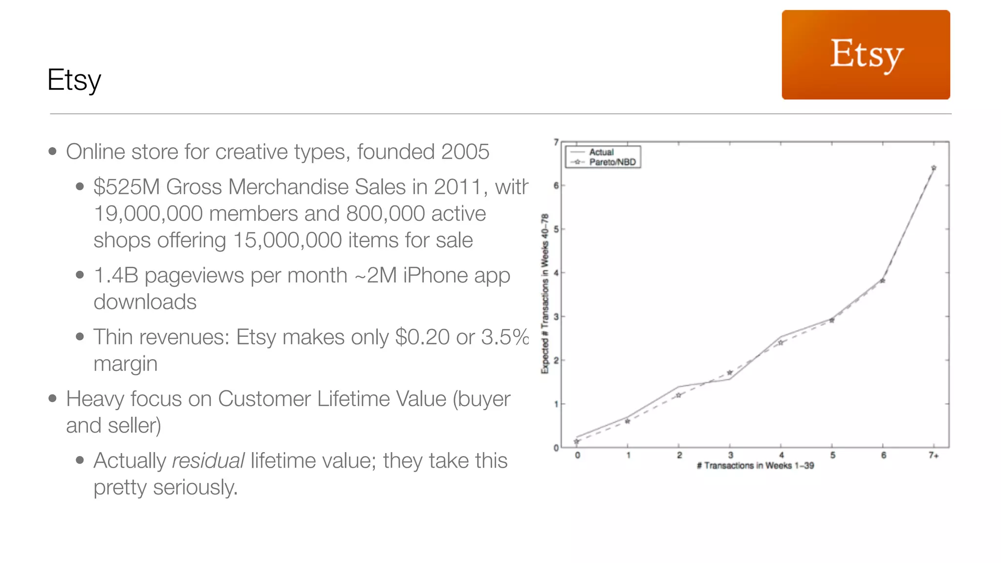 Etsy 
• Online store for creative types, founded 2005 
• $525M Gross Merchandise Sales in 2011, with 
19,000,000 members and 800,000 active 
shops offering 15,000,000 items for sale 
• 1.4B pageviews per month ~2M iPhone app 
downloads 
• Thin revenues: Etsy makes only $0.20 or 3.5% 
margin 
• Heavy focus on Customer Lifetime Value (buyer 
and seller) 
• Actually residual lifetime value; they take this 
pretty seriously. 
 