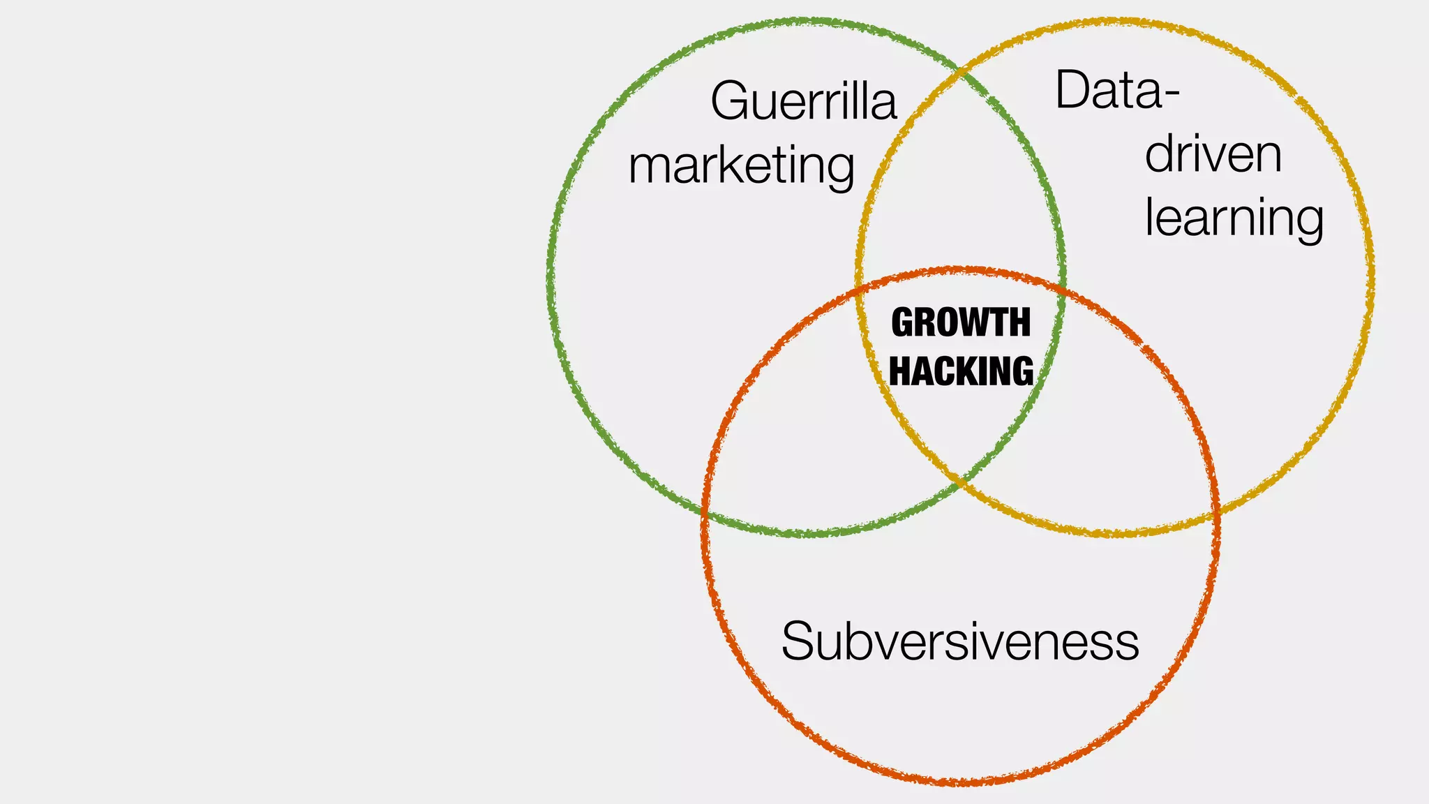 Guerrilla 
marketing 
Data-driven 
learning 
GROWTH 
HACKING 
Subversiveness 
 