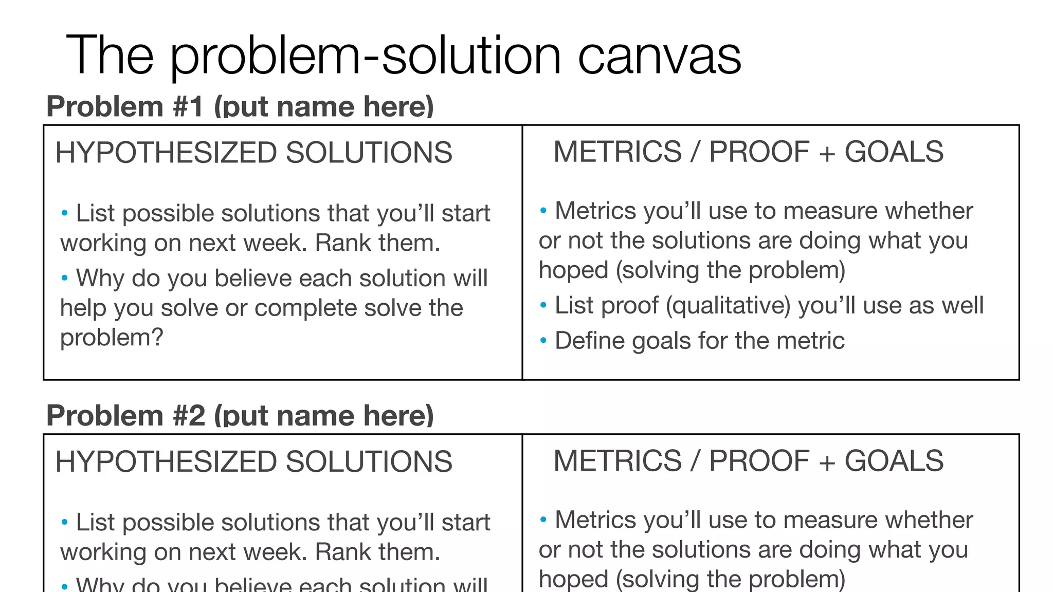 The problem-solution canvas 
HYPOTHESIZED SOLUTIONS 
• List possible solutions that you’ll start 
working on next week. Rank them. 
• Why do you believe each solution will 
help you solve or complete solve the 
problem? 
METRICS / PROOF + GOALS 
Problem #1 (put name here) 
• Metrics you’ll use to measure whether 
or not the solutions are doing what you 
hoped (solving the problem) 
• List proof (qualitative) you’ll use as well 
• Define goals for the metric 
HYPOTHESIZED SOLUTIONS 
• List possible solutions that you’ll start 
working on next week. Rank them. 
• Why do you believe each solution will 
METRICS / PROOF + GOALS 
• Metrics you’ll use to measure whether 
or not the solutions are doing what you 
hoped (solving the problem) 
Problem #2 (put name here) 
 