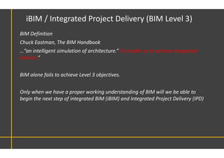 BIM Definition
Chuck Eastman, The BIM Handbook
…“an intelligent simulation of architecture.” To enable us to achieve integrated
delivery“
BIM alone fails to achieve Level 3 objectives.
Only when we have a proper working understanding of BIM will we be able to
begin the next step of integrated BIM (iBIM) and Integrated Project Delivery (IPD)
iBIM / Integrated Project Delivery (BIM Level 3)
 