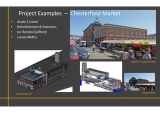• Grade 2 Listed
• Refurbishment & Extension
• ty+ Rombol (Gifford)
• Lonely BIM(s)
Proposed Image (3Ds Max)
Existing Market
Revit Model View
Project Examples – Chesterfield Market
 