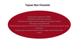 Add your title
Perekrutan yang lebih efektif
Perbaikan moral dan kesetiaan
Pertukaran tenaga dan kemangkiran yang lebih rendah
Hubungan yang lebih baik
Pengurangan pengaruh serikat buruh, baik yang ada sekarang maupun yang
potensial
Pengurangan ancaman akan campur tangan pemerintah lebih
lanjut
Tujuan Non Finansial
 