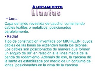 AAlliissttaammiieennttoo 
– Lona 
Capa de tejido revestida de caucho, conteniendo 
cables textiles o metálicos, posicionados 
paralelamente. 
- Radial 
Tipo de construcción inventada por MICHELIN, cuyos 
cables de las lonas se extienden hasta los talones. 
Los cables son posicionados de manera que formen 
un ángulo de 90º en relación a la línea media de la 
banda de rodamiento. Además de eso, la carcasa de 
la llanta es estabilizada por medio de un conjunto de 
lonas, posicionadas en la cima de la carcasa. 
 