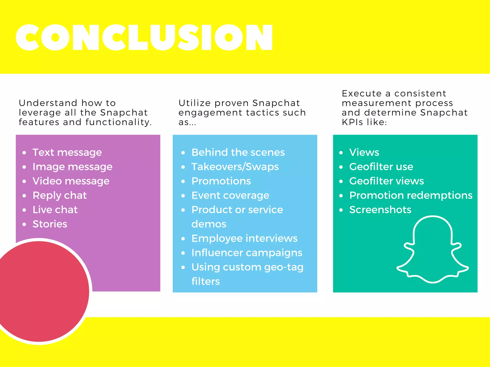 CONCLUSION
Understand how to
leverage all the Snapchat
features and functionality.
Text message
Image message
Video message
Reply chat
Live chat
Stories
Utilize proven Snapchat
engagement tactics such
as...
Execute a consistent
measurement process
and determine Snapchat
KPIs like:
Behind the scenes
Takeovers/Swaps
Promotions
Event coverage
Product or service
demos
Employee interviews
Influencer campaigns
Using custom geo-tag
filters
Views
Geofilter use
Geofilter views
Promotion redemptions
Screenshots
 