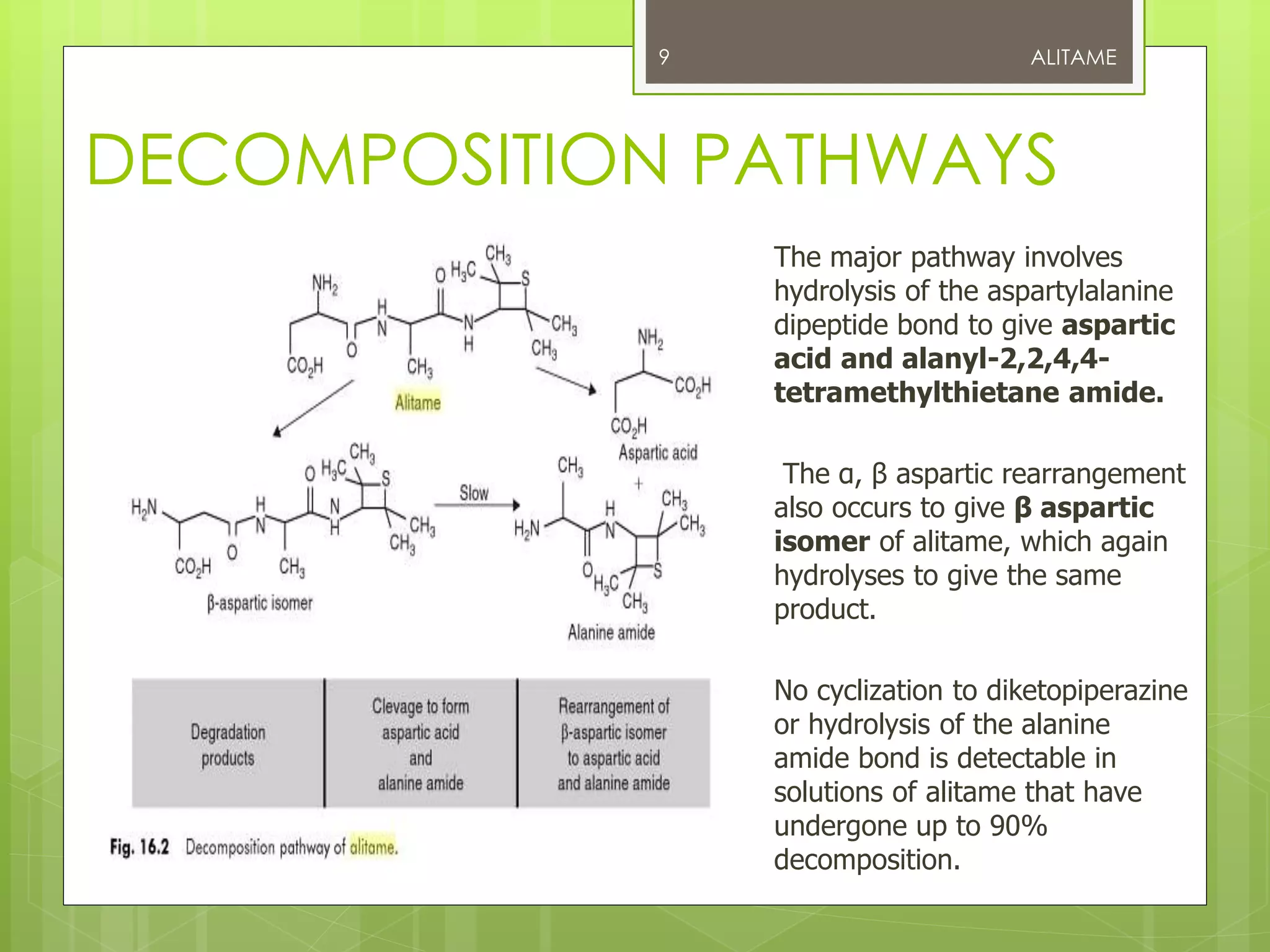 DECOMPOSITION PATHWAYS
 The major pathway involves
hydrolysis of the aspartylalanine
dipeptide bond to give aspartic
acid and alanyl-2,2,4,4-
tetramethylthietane amide.
 The α, β aspartic rearrangement
also occurs to give β aspartic
isomer of alitame, which again
hydrolyses to give the same
product.
 No cyclization to diketopiperazine
or hydrolysis of the alanine
amide bond is detectable in
solutions of alitame that have
undergone up to 90%
decomposition.
ALITAME9
 