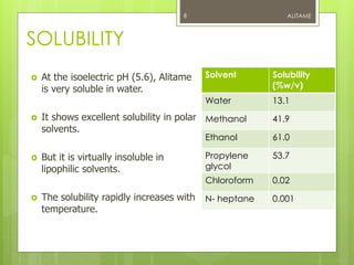 SOLUBILITY
 At the isoelectric pH (5.6), Alitame
is very soluble in water.
 It shows excellent solubility in polar
solvents.
 But it is virtually insoluble in
lipophilic solvents.
 The solubility rapidly increases with
temperature.
ALITAME8
Solvent Solubility
(%w/v)
Water 13.1
Methanol 41.9
Ethanol 61.0
Propylene
glycol
53.7
Chloroform 0.02
N- heptane 0.001
 