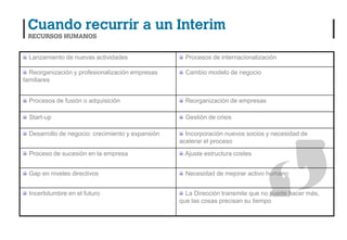 Lanzamiento de nuevas actividades                  Procesos de internacionalización

  Reorganización y profesionalización empresas       Cambio modelo de negocio
familiares


  Procesos de fusión o adquisición                   Reorganización de empresas

  Start-up                                           Gestión de crisis

  Desarrollo de negocio: crecimiento y expansión     Incorporación nuevos socios y necesidad de
                                                   acelerar el proceso
  Proceso de sucesión en la empresa                 Ajuste estructura costes


  Gap en niveles directivos                          Necesidad de mejorar activo humano


  Incertidumbre en el futuro                         La Dirección transmite que no puede hacer más,
                                                   que las cosas precisan su tiempo
 
