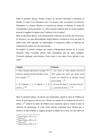 116
Dans la première phrase, Huston évoque un souvenir personnel, concernant sa
famille: il s’agit d’un événement vécu à la maison, chez ses parents, au Nouveau
Hampshire. La relation affective se transmet au présent en français, le temps de
l’actualisation, de la proximité. Le verbe au passé employé dans la version anglaise
pourrait-il suggérer la rupture entre l’enfance et la vie adulte?
Dans la deuxième phrase, nous reconnaissons l’allusion au modèle des Professeurs
de désespoir, un sujet philosophique auquel Huston a consacré un livre qui porte le
même nom. Elle reproche aux philosophes et romanciers mâles et nihilistes de
contaminer les autres avec leur pessimisme.
En anglais, le présent souligne une nuance d’éloignement absente de la version
française. Dans l’exemple suivant nous remarquons que les dates changent.
Comment expliquer cette distance d’une année à une autre, d’une période à une
autre?
Anglais Français
1. These dreams date back to around ’34
when my mother died but all those years
are a single…303
2. In February […] in March […] in
April […] 304
1. Ces rêves je crois datent d’environ
1935 quand ma mère est morte mais
toutes ces années-là ne forment qu’un
seul et même... 305
2. Au mois de mars […] au mois d’avril
[…] au mois de mai […] 306
Dans la première phrase, on rajoute une information: quand la mère de Paddon est
morte, le petit garçon avait six ans: «Toutes ces années-là ne forment qu’un seul et
même...»307
[bloc?] La lettre de Paddon reste inachevée dans le roman et dans la
mémoire du personnage. Il s’agit d’une période importante pour Huston qui se
retrouve ici dans Paddon et suggère qu’après le départ de sa mère, ses souvenirs ont
303
Nancy Huston, 1993, p. 10.
304
Idem, p.14.
305
Nancy Huston, 1993, p. 23.
306
Idem, p. 29.
307
Nancy Huston, 2002, p. 10.
 