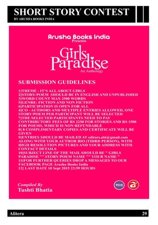 SHORT STORY CONTEST
BY ARUSHA BOOKS INDIA
DIGISHA ONLINE MAGAZINE, EDITION ONEAlitera 29
 