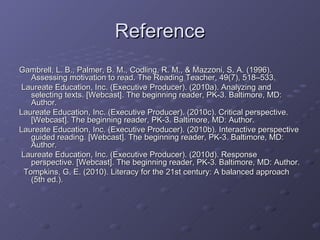 Reference Gambrell, L. B., Palmer, B. M., Codling, R. M., & Mazzoni, S. A. (1996). Assessing motivation to read. The Reading Teacher, 49(7), 518–533. Laureate Education, Inc. (Executive Producer). (2010a). Analyzing and selecting texts. [Webcast]. The beginning reader, PK-3. Baltimore, MD: Author. Laureate Education, Inc. (Executive Producer). (2010c). Critical perspective. [Webcast]. The beginning reader, PK-3. Baltimore, MD: Author.  Laureate Education, Inc. (Executive Producer). (2010b). Interactive perspective guided reading. [Webcast]. The beginning reader, PK-3. Baltimore, MD: Author. Laureate Education, Inc. (Executive Producer). (2010d). Response perspective. [Webcast]. The beginning reader, PK-3. Baltimore, MD: Author. Tompkins, G. E. (2010). Literacy for the 21st century: A balanced approach (5th ed.). 